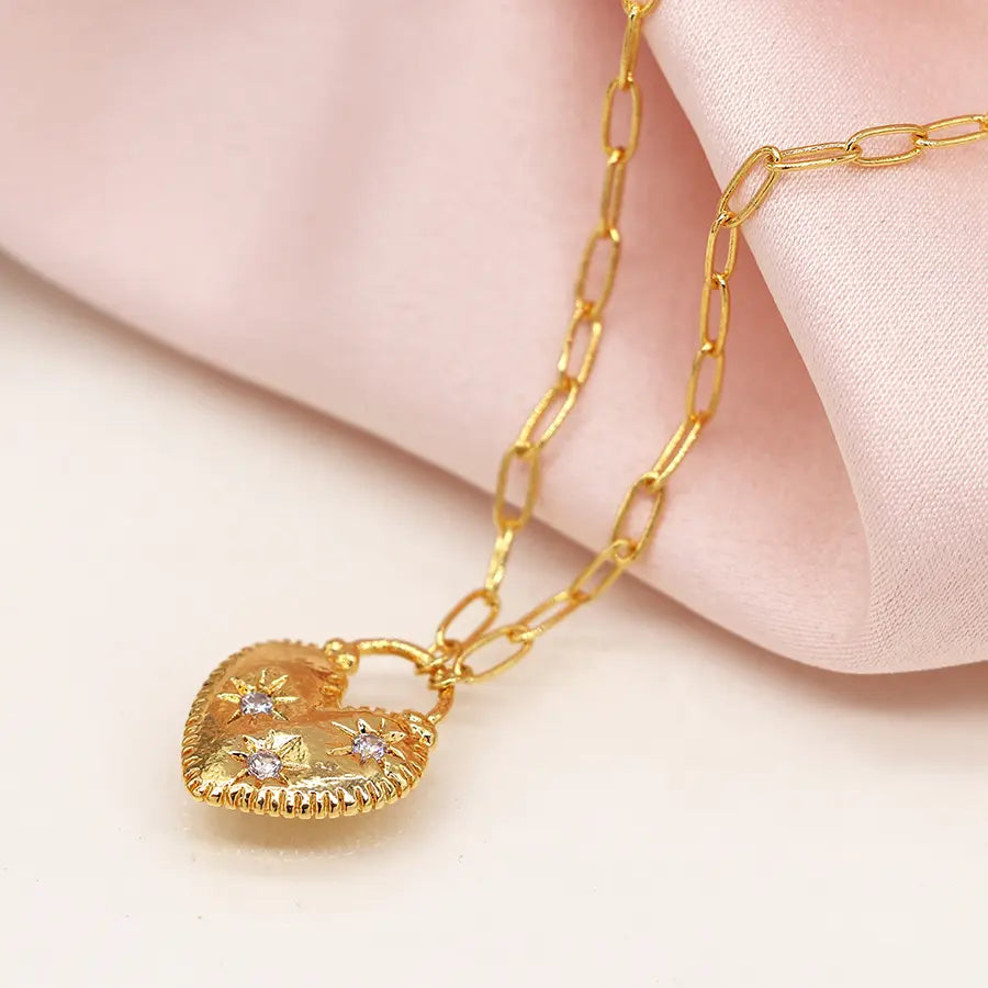 POM Faux Gold Textured Edge with Crystals Heart Lock Necklace