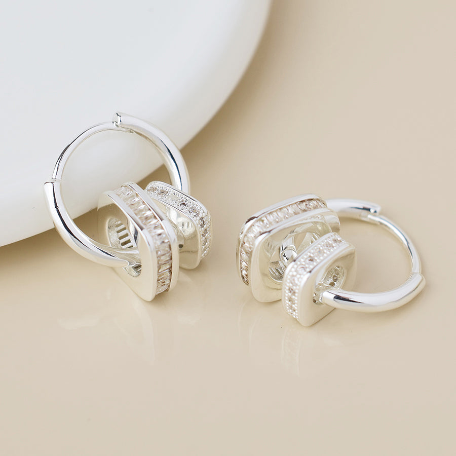 POM Silver Plated Square Crystal on Hoop Earrings