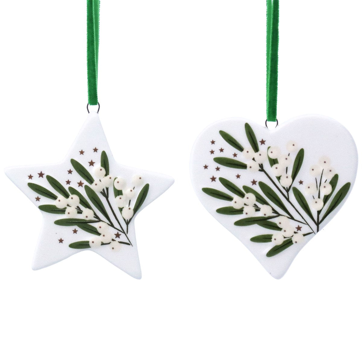 Gisela Graham Ceramic Mistletoe Heart/Star Hanging Decoration - (Choice of 2) - 10535