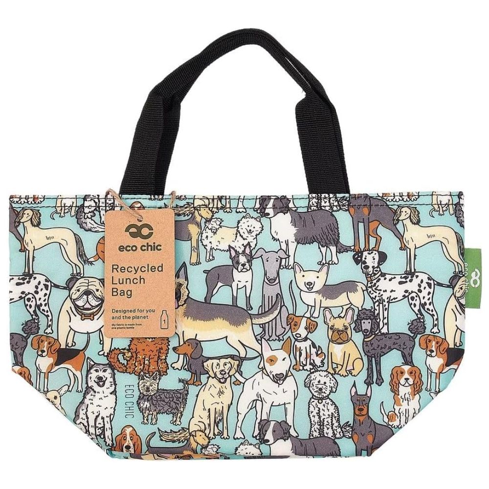 EcoChic Lightweight Foldable Lunch Bag Teal Dogs