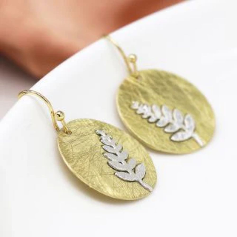 POM Brushed Faux Gold Disk with Silver Fern Earings