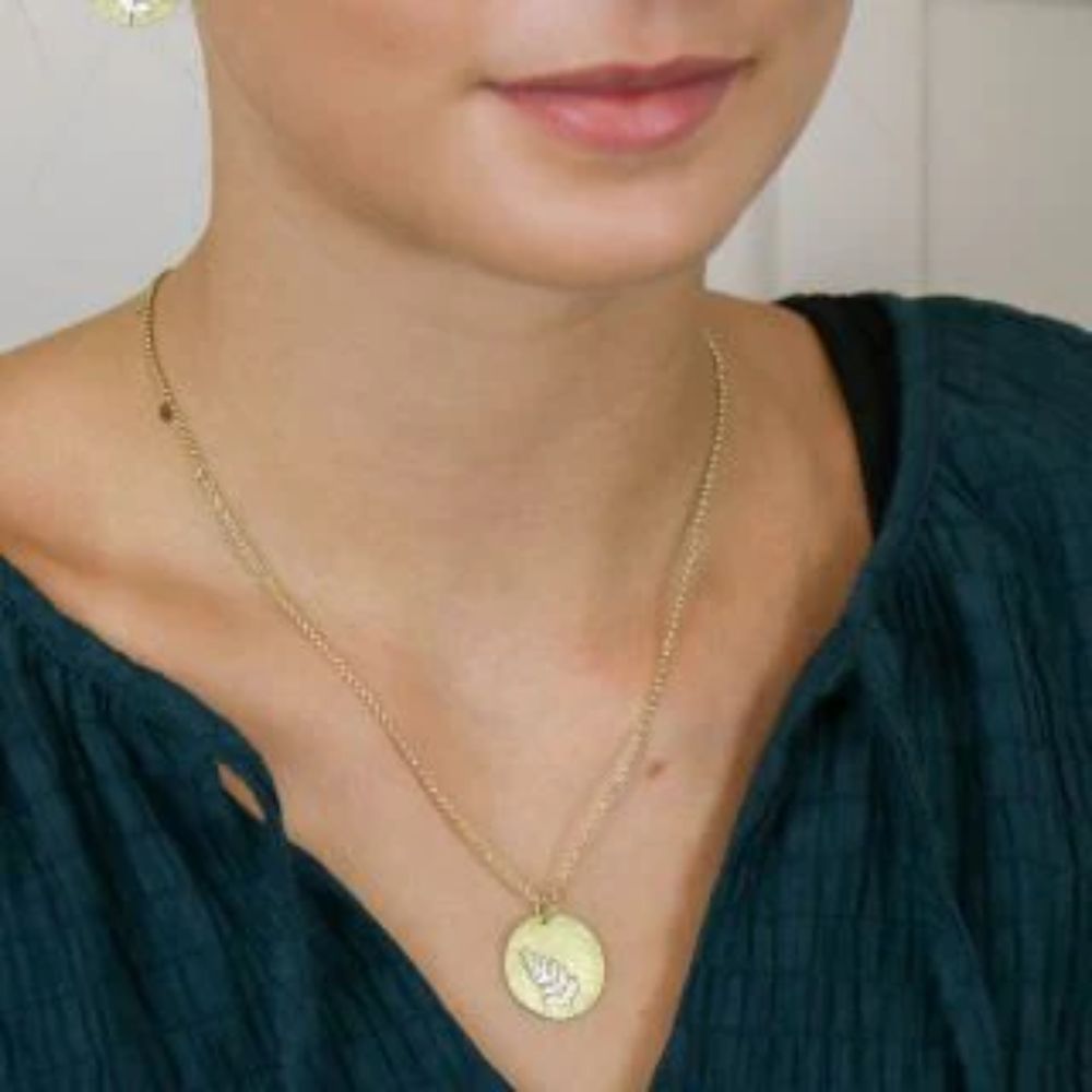POM Brushed Faux Gold Disk with Silver Fern Necklace