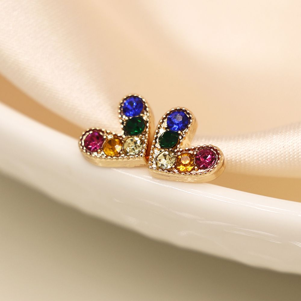 POM Golden Multicolour Crystal Heart Stud Earrings