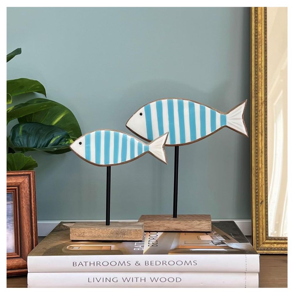 Kaemingk 18cm Decoration Ornament Wood Fish White Blue Stripes