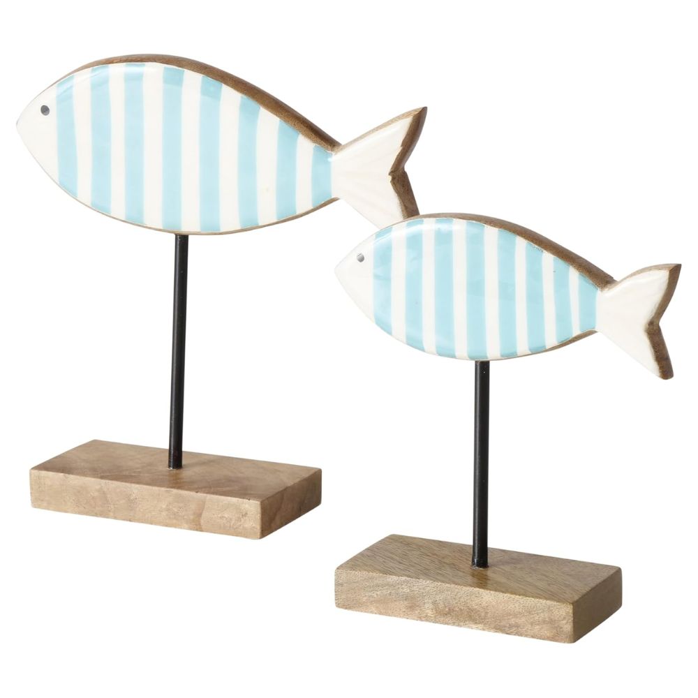 Kaemingk 18cm Decoration Ornament Wood Fish White Blue Stripes