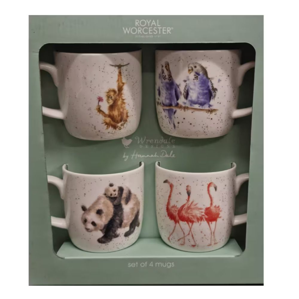 Wrendale Designs 4 Piece Animal Mug Gift Set (Flamingo/Panda/Budgie/Orangutan)