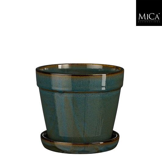 Mica Decorations 13cm Green Clint Glazed Pot with Saucer