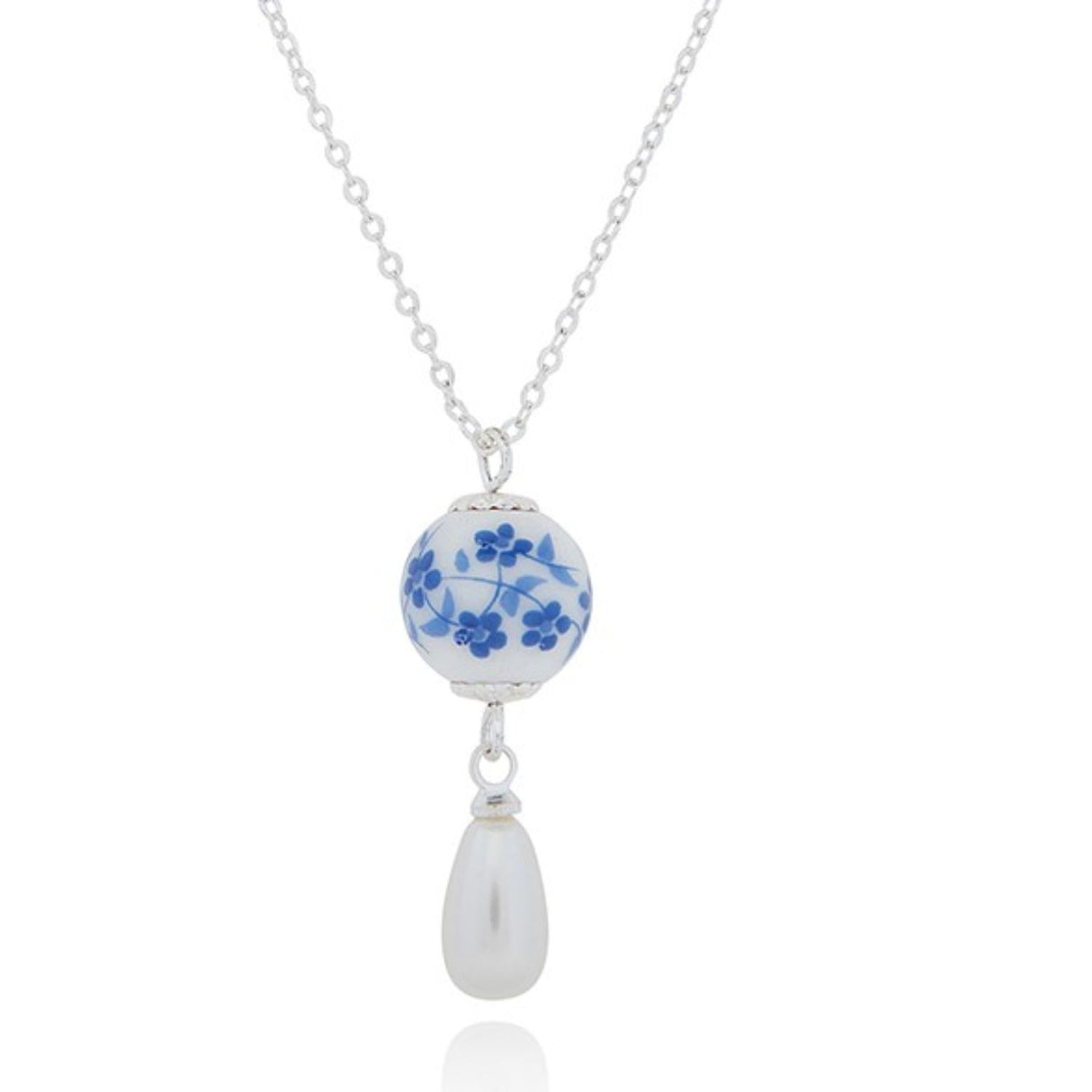Equilibrium Silver Plated Ceramic Floral Pearl Drop Necklace