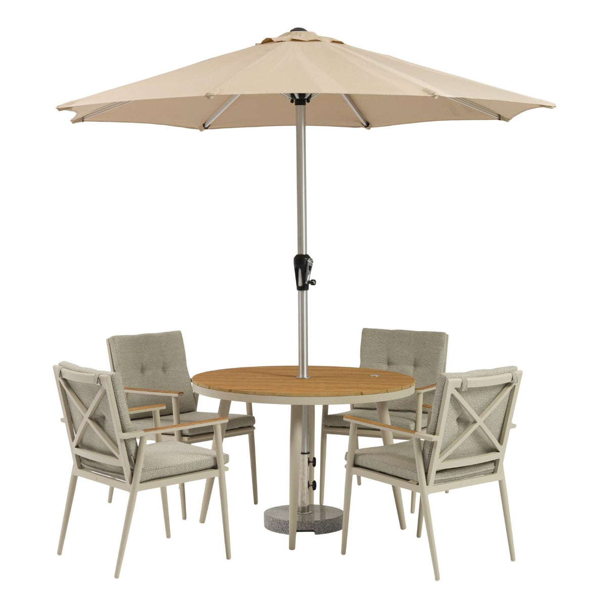 Bramblecrest Mocha RHS Wisley 110cm Round 4 Seat with Parasol & Base Set
