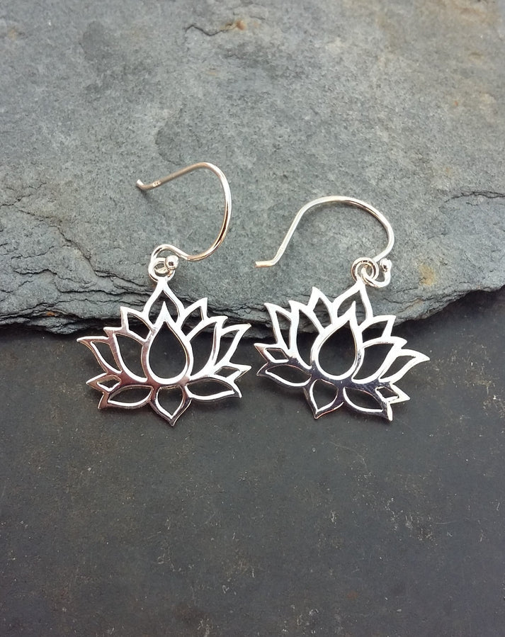 Blue Lily 18mm Silver Lotus Flower Drop Earrings - E587B