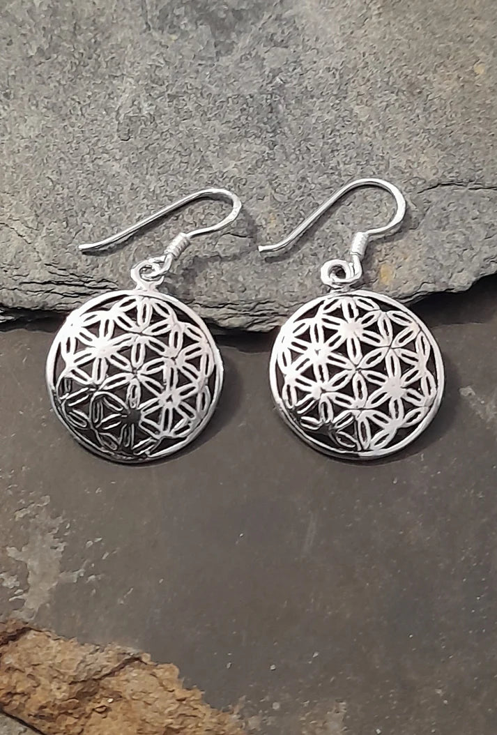 Blue Lily 16mm Silver Flower of Life Drop Earrings - E523B