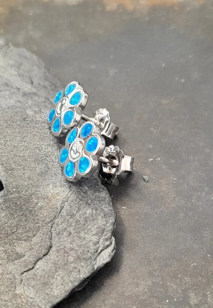 Blue Lily 10mm Syn Opal Flower Stud Earrings - SS630B