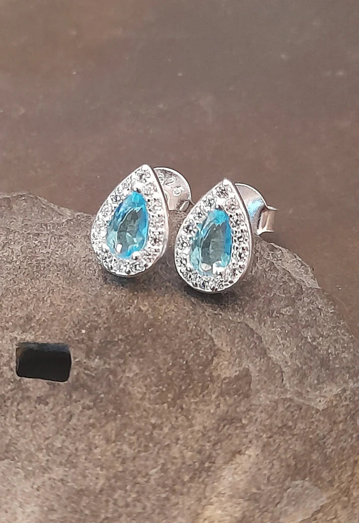Blue Lily 8mm Aqua Crystal Tear Drop Stud Earrings - SS635B