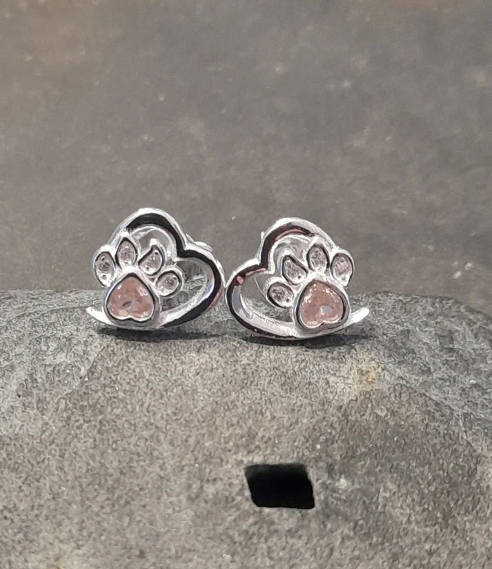 Blue Lily 10mm Silver Heart with Pink Crystal Paw Print Inner Stud Earrings - SS644B