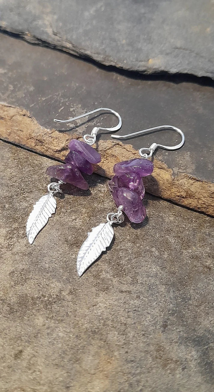 Blue Lily 35m Amethyst Crystal & Silver Feather Drop Earrings - SE500B