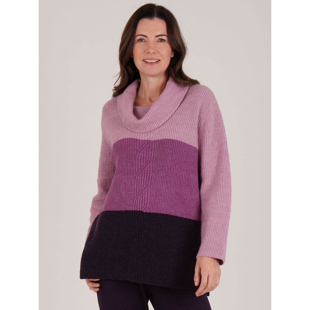 Tigi Colour Block Cable Knit Cowl Neck Jumper - Purple