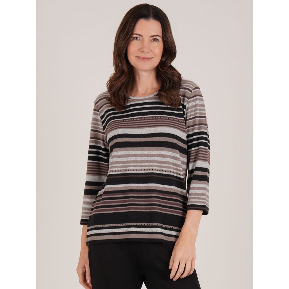 Tigi Stripe & Diamantes Crew Neck Top - Brown