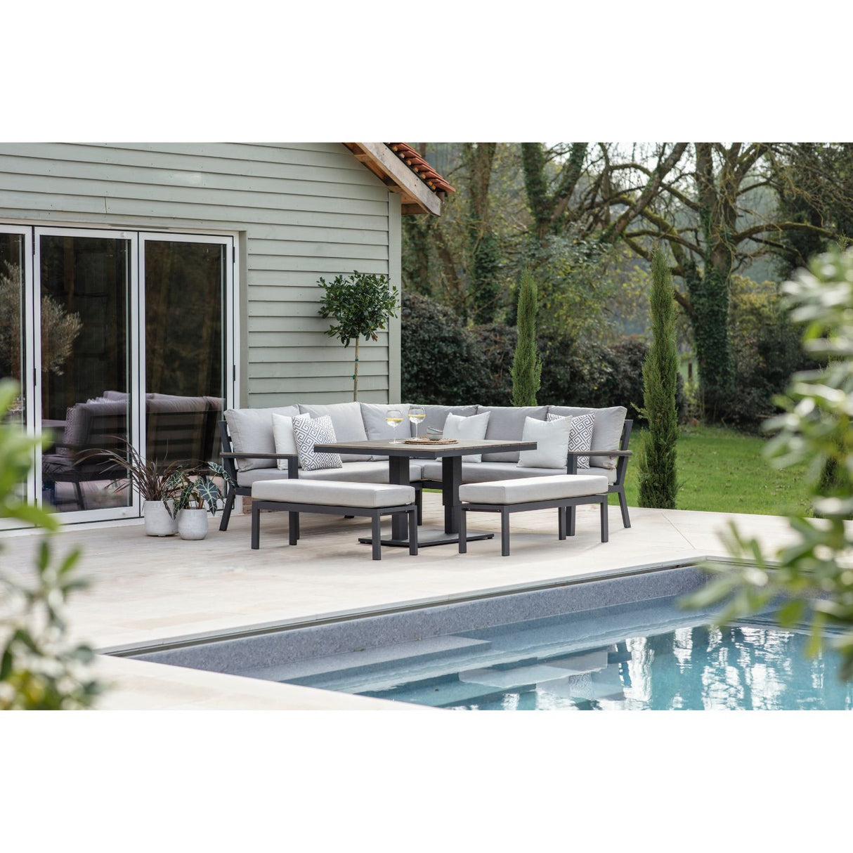 Bramblecrest Fawn Zurich Corner Sofa with Square Piston Adjustable Table & 2 Benches - X24AZRCDS2