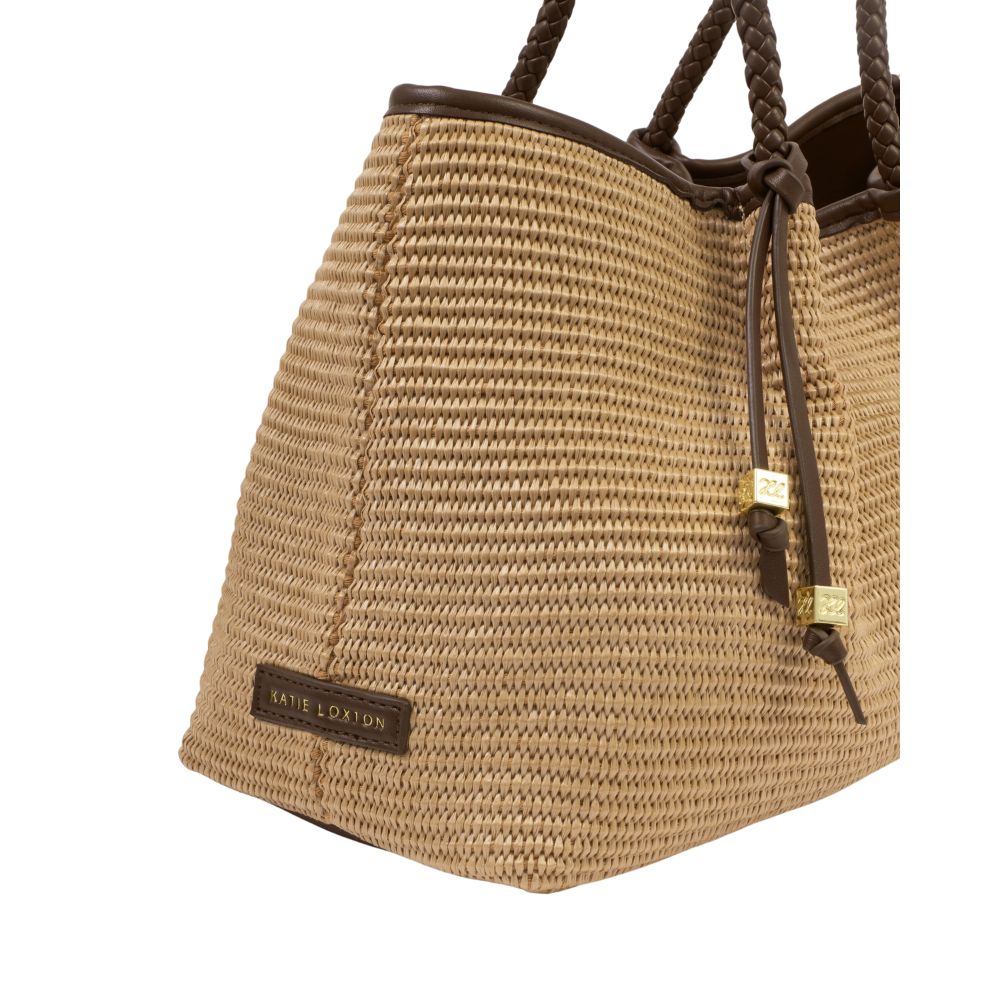 Katie Loxton Small Nova Raffia Shoulder Tote Bag - Natural Chocolate