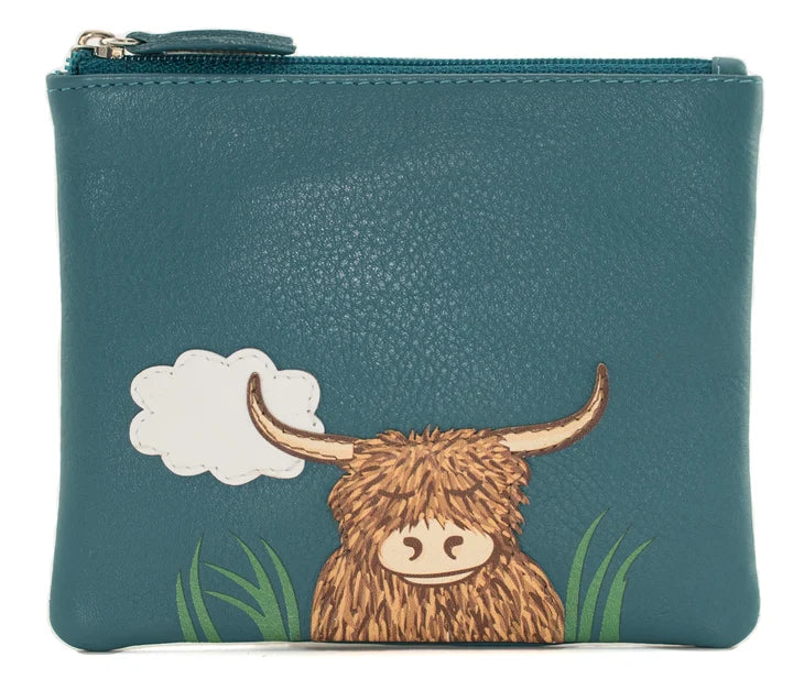 Mala Leather Bella Highland Cow Coin Purse RFID - Teal