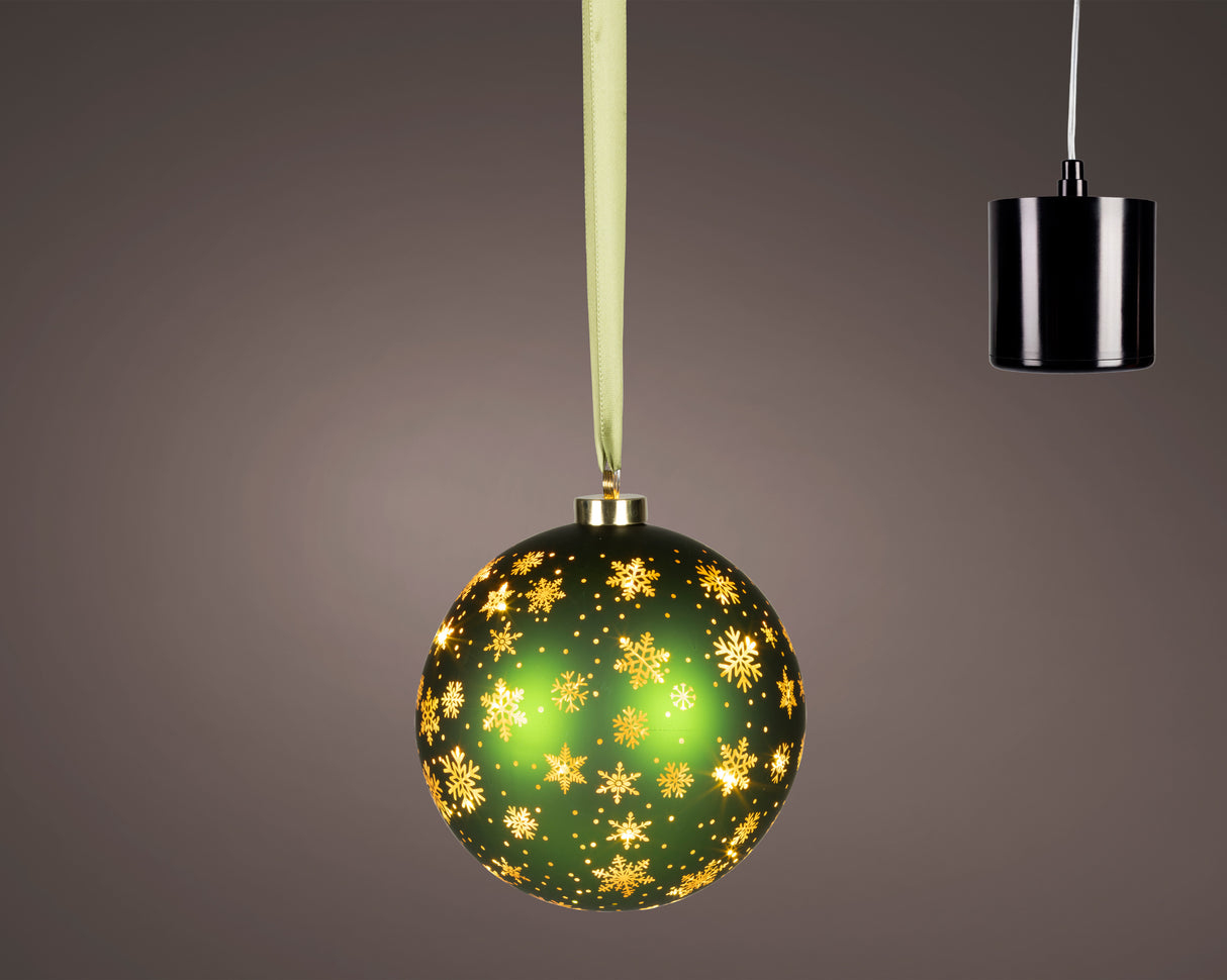 Lumineo 19cm Micro LED Rotating Bauble Hanging Decoration - Green - Warm White