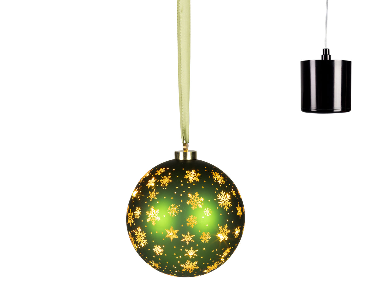 Lumineo 19cm Micro LED Rotating Bauble Hanging Decoration - Green - Warm White
