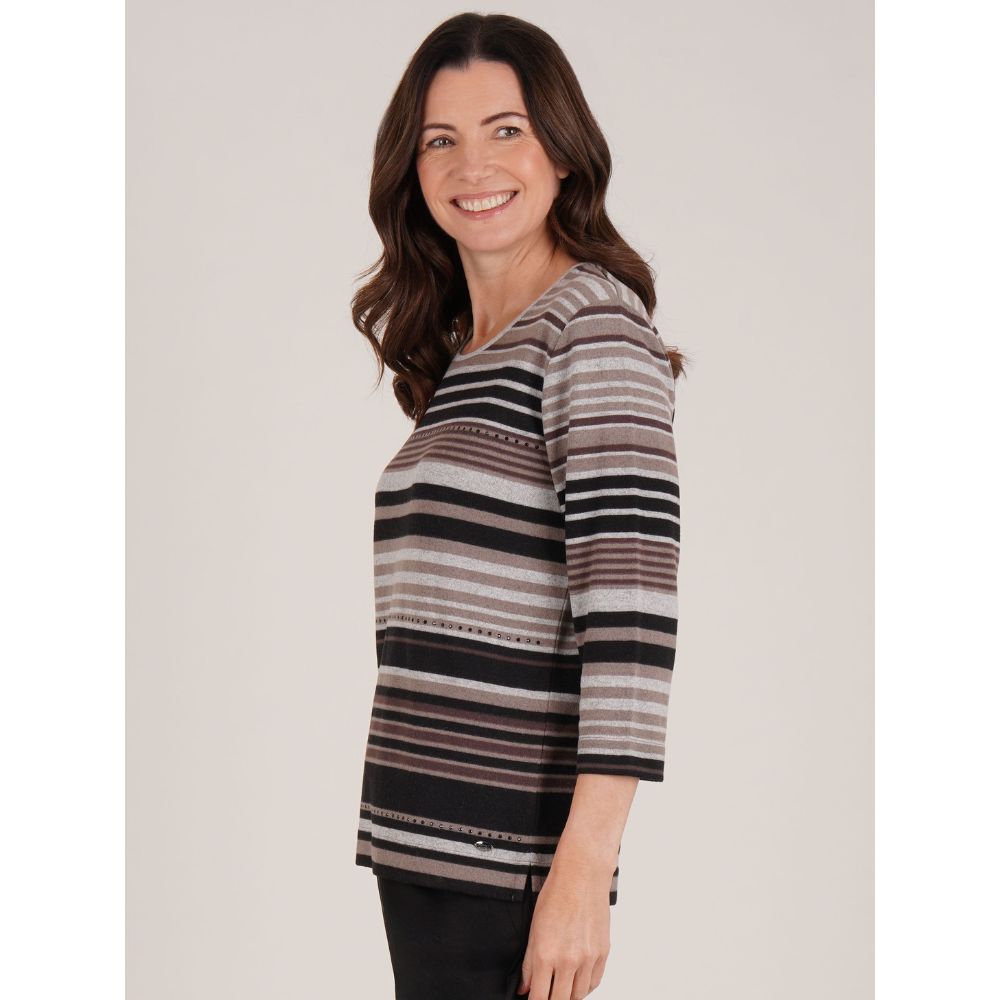Tigi Stripe & Diamantes Crew Neck Top - Brown