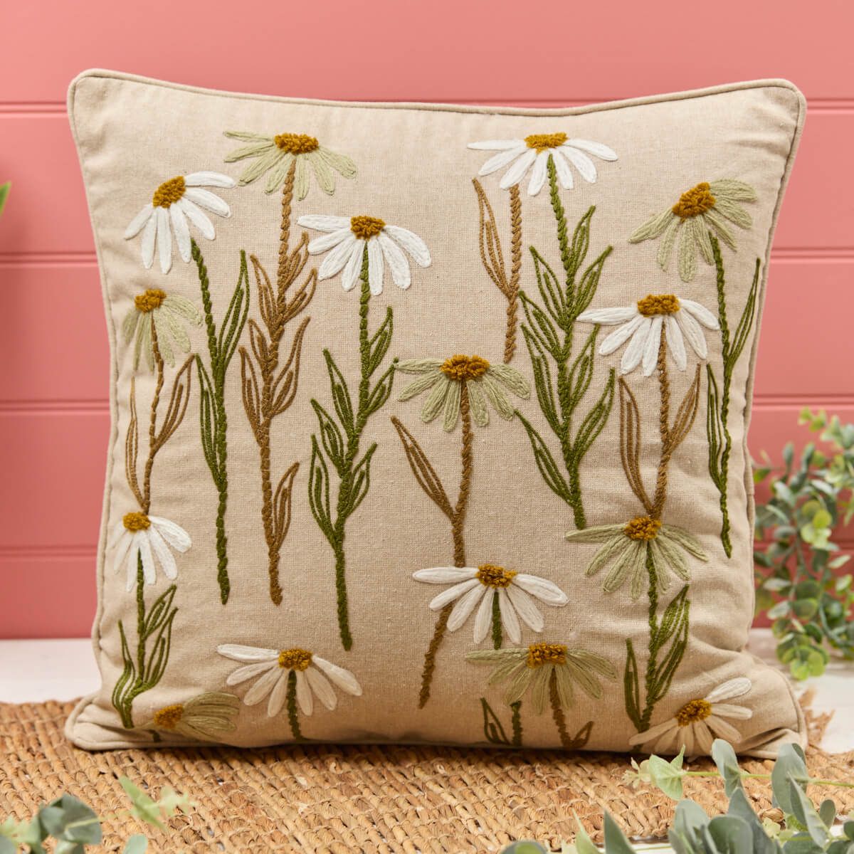 Richard Langs Natural Daisy Embroidered Cushion - 4FD383