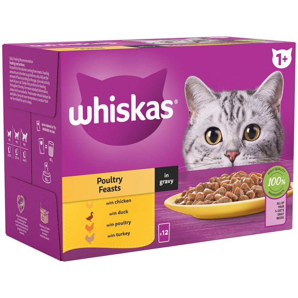 Whiskas 12 x 85g Poultry Feasts 1+ Adult Wet Cat Food Pouches in Gravy
