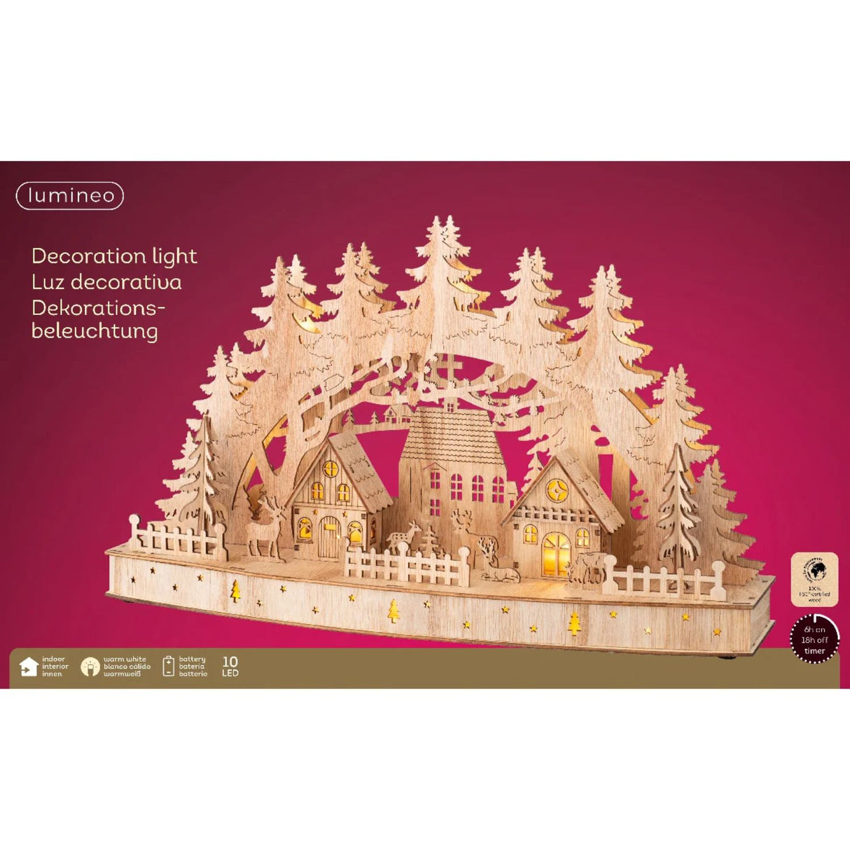 Lumineo 44cm Wooden Christmas Village LED Scene with Forest Trees