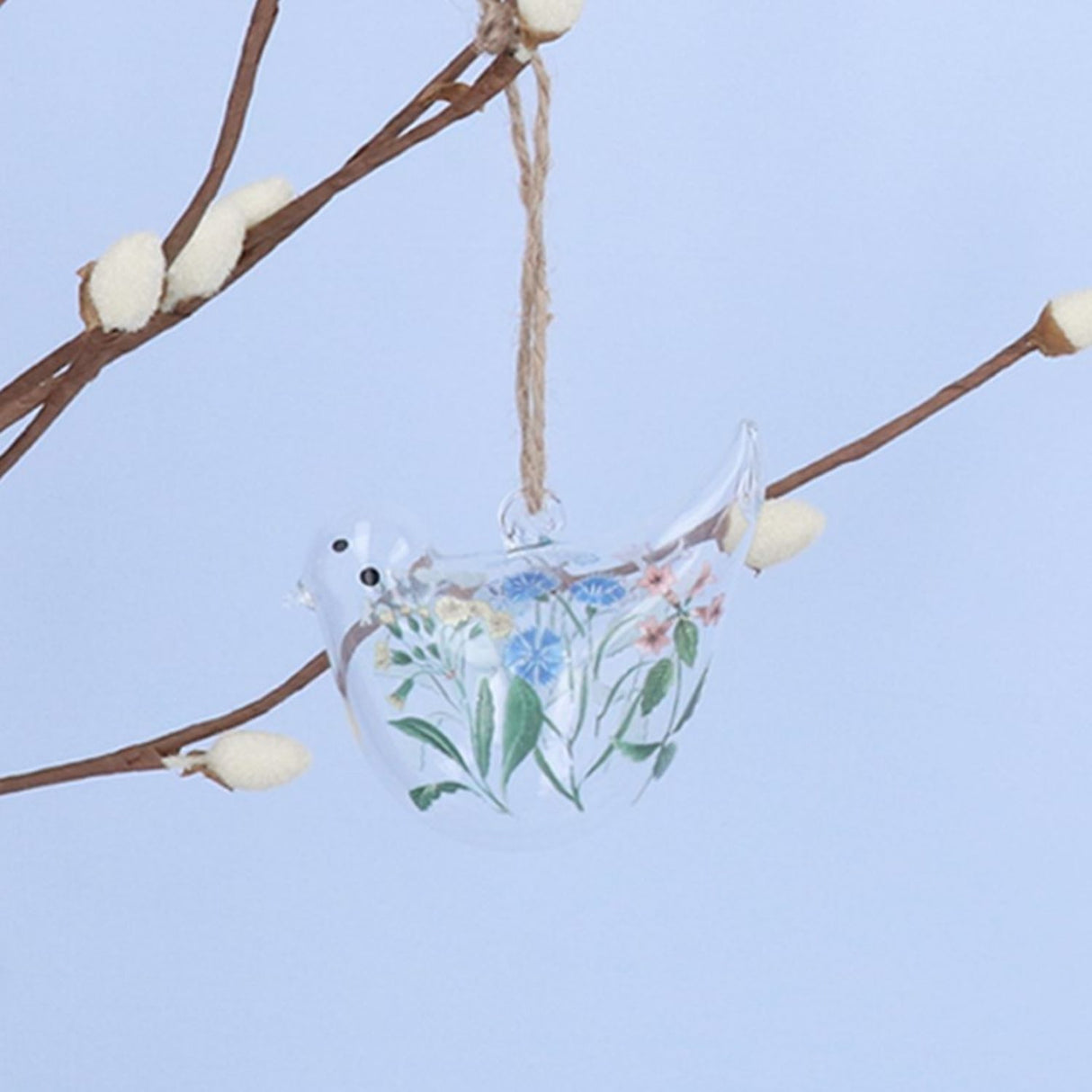 Gisela Graham 7cm Meadow Flowers Clear Glass Bird Hanging Decoration