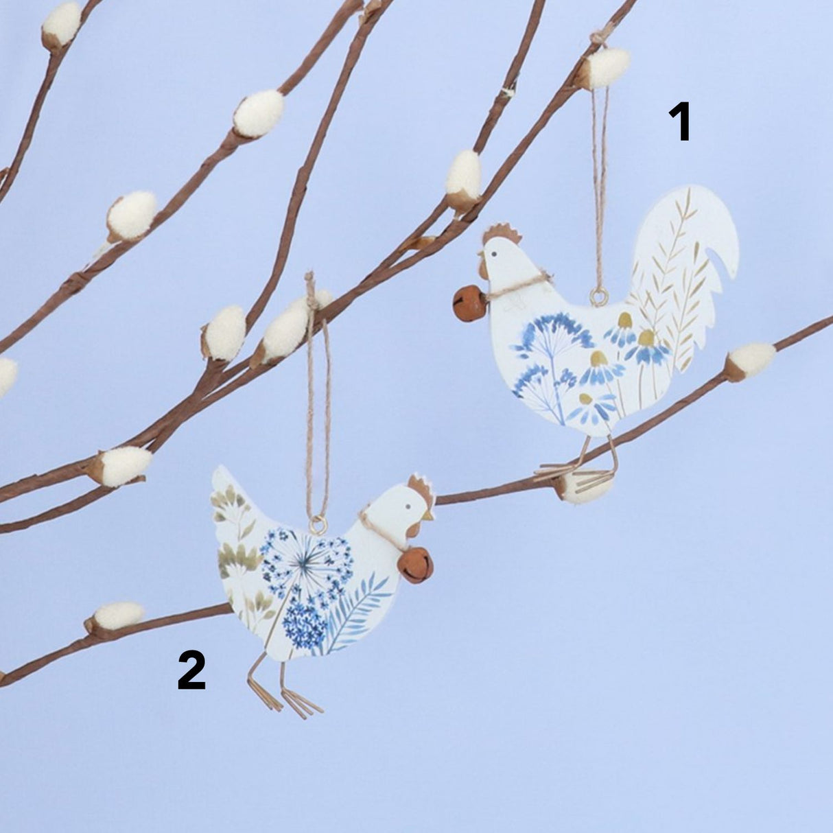 Gisela Graham 9cm Blue Meadow Flat Wooden Hen/Rooster (Choice of 2)