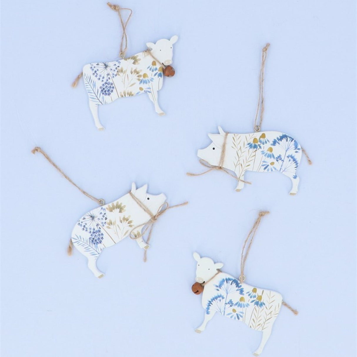 Gisela Graham 8cm Blue Meadow Flat Wooden Pig/Cow (Choice of 2)