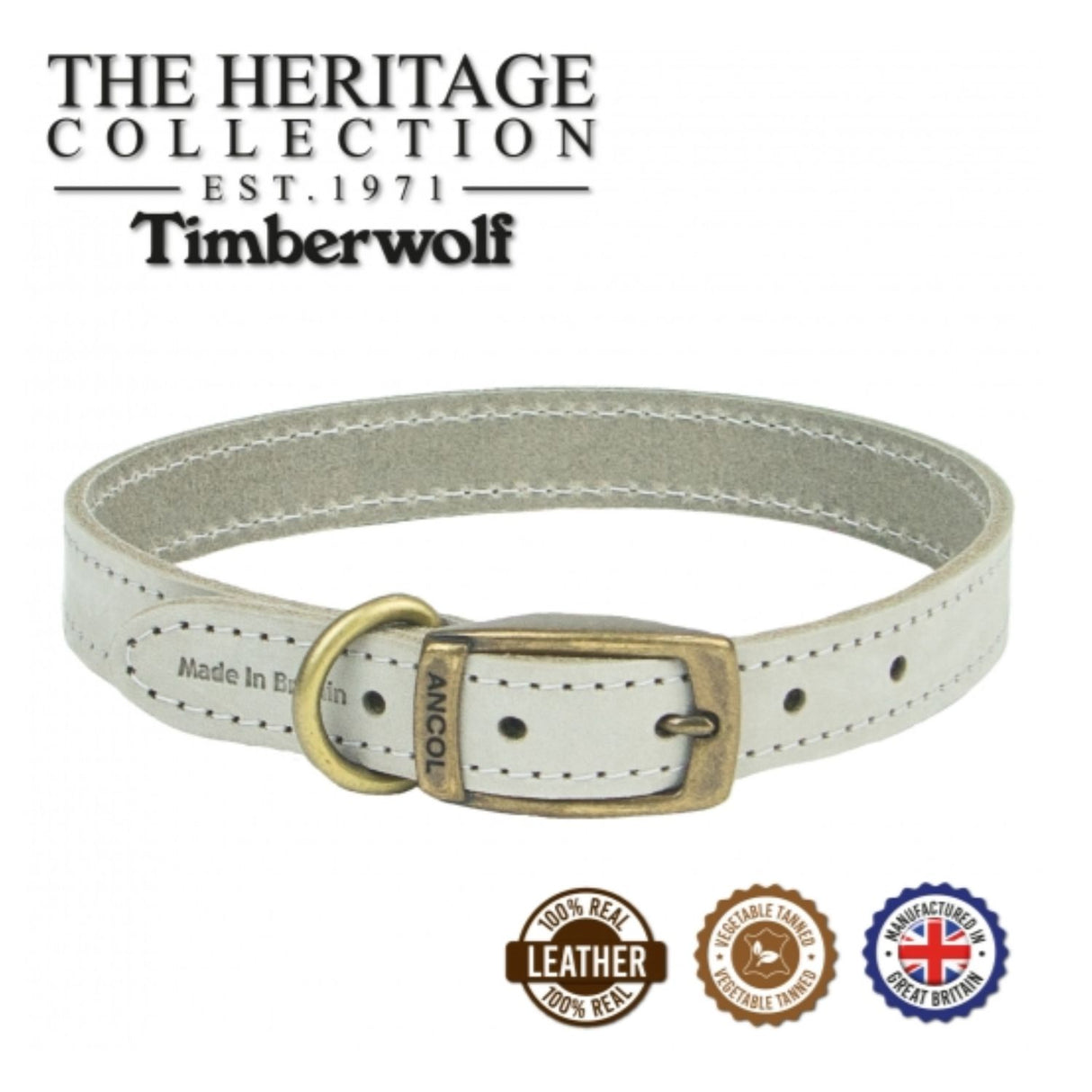 Ancol 39-48cm / 22" Timberwolf Grey Leather Dog Collar