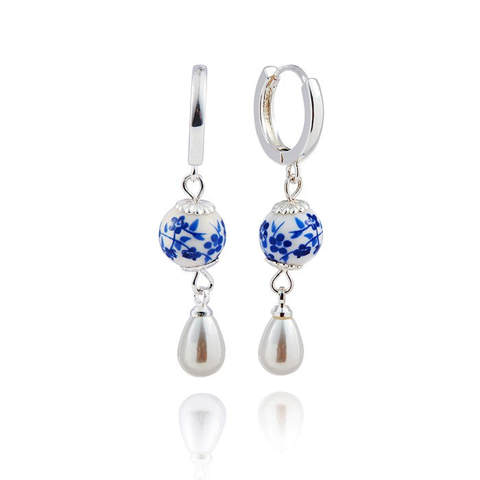 Equilibrium Ceramic Floral Pearl Silver Plated Huggies Earings