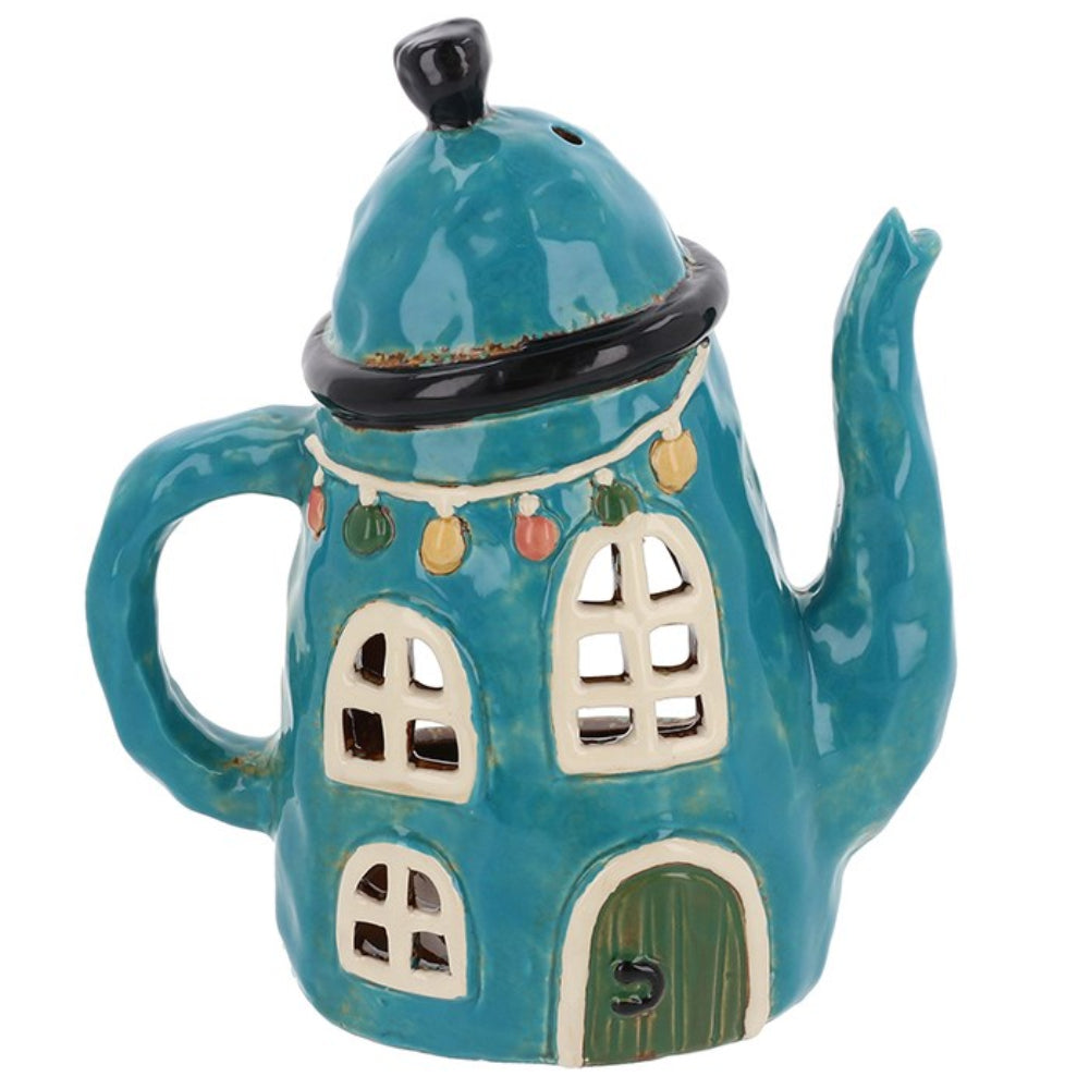 Village Pottery 19cm Teapot House Blue Tealight
