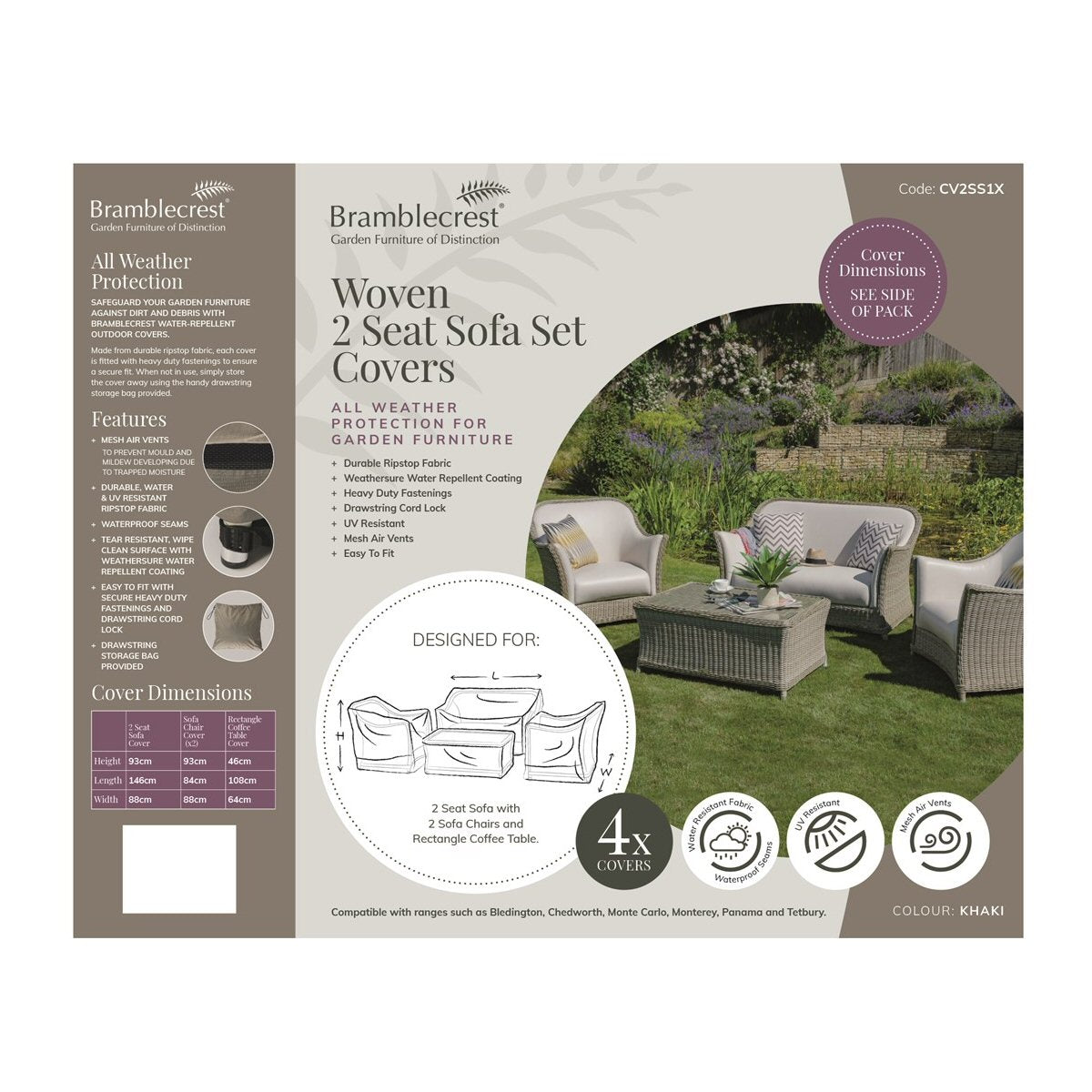 Bramblecrest Rattan 2 Seat Sofa, 2 Sofa Chairs & Coffee Table Set Covers - CV2SS1X