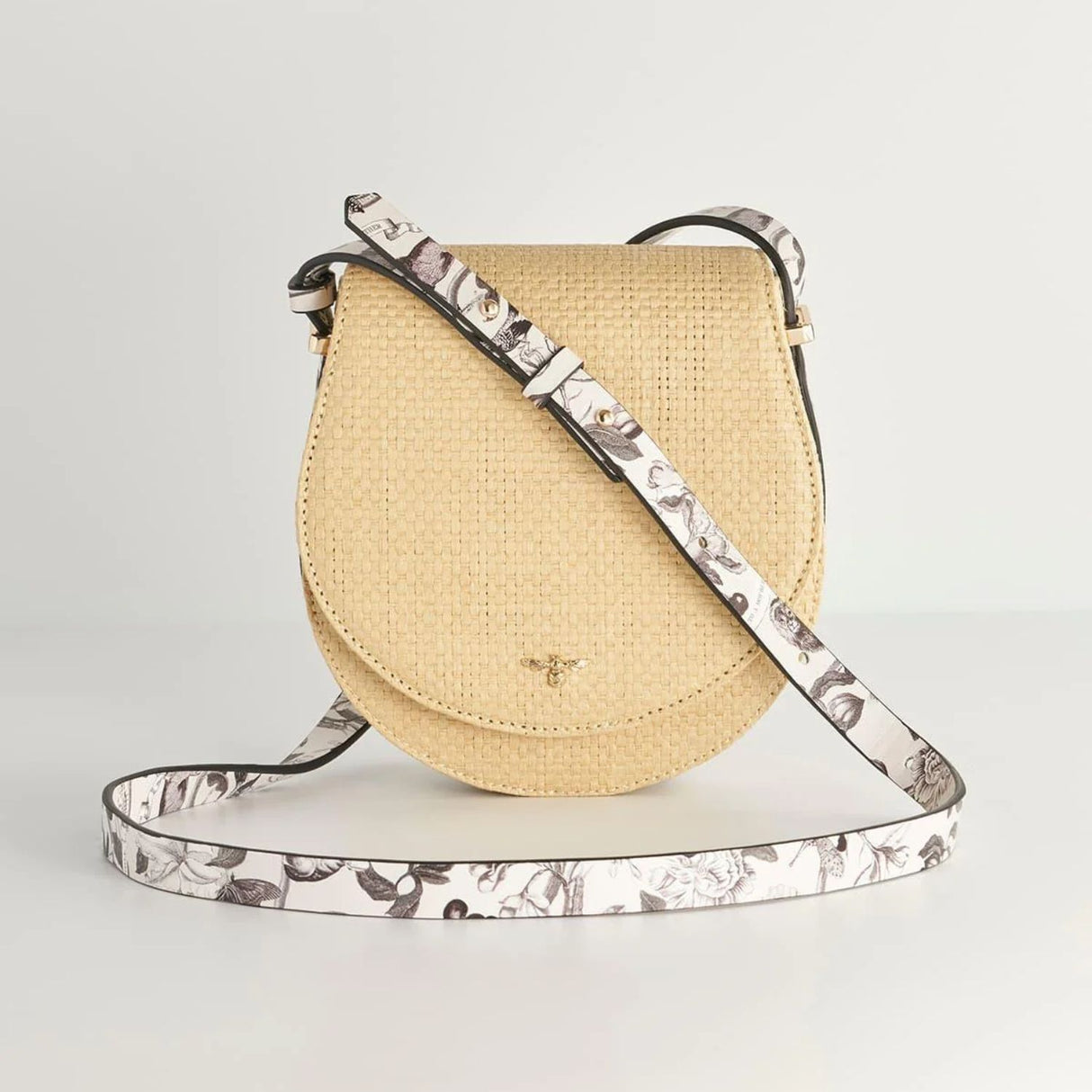 Fable England 18cm Monochrome Tree of Life Raffia Saddle Bag