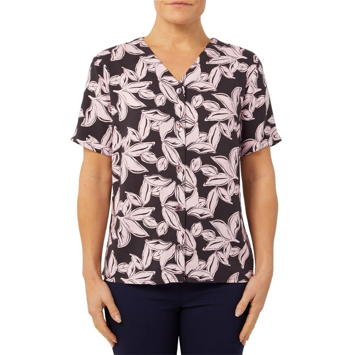 TIGI 14/16 Graphic Leaf Print Notch Neck Shirt