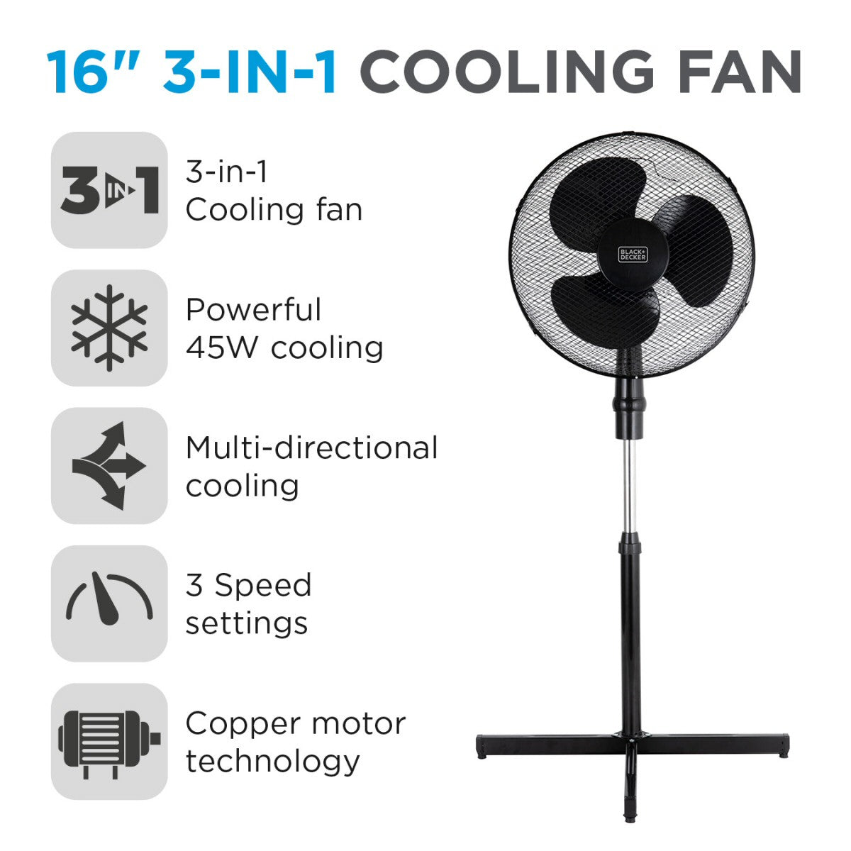 Black + Decker 16" Black 3-in-1 Cooling Fan