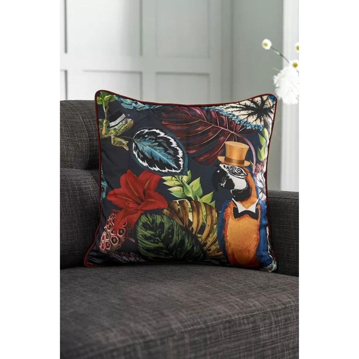 Deyongs 50cm Parrot Soft Velvet Pipe Trimmed Filled Cushion