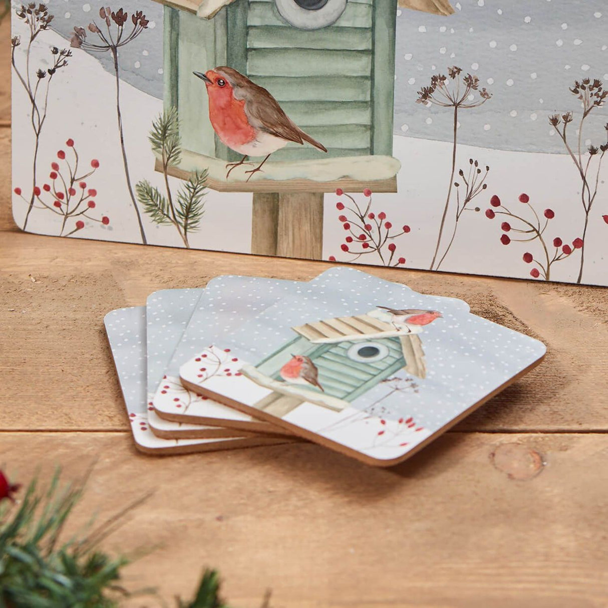 Richard Langs 10cm Xmas Robin With Birdhouse Coaster (Set of 4)