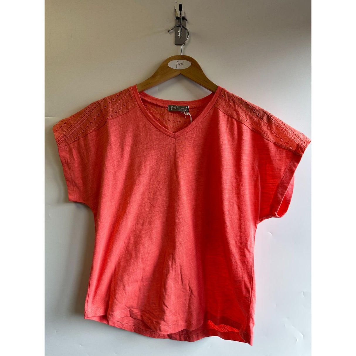 First Avenue S Coral Pink Shoulder Lace Cotton T-Shirt - 2509