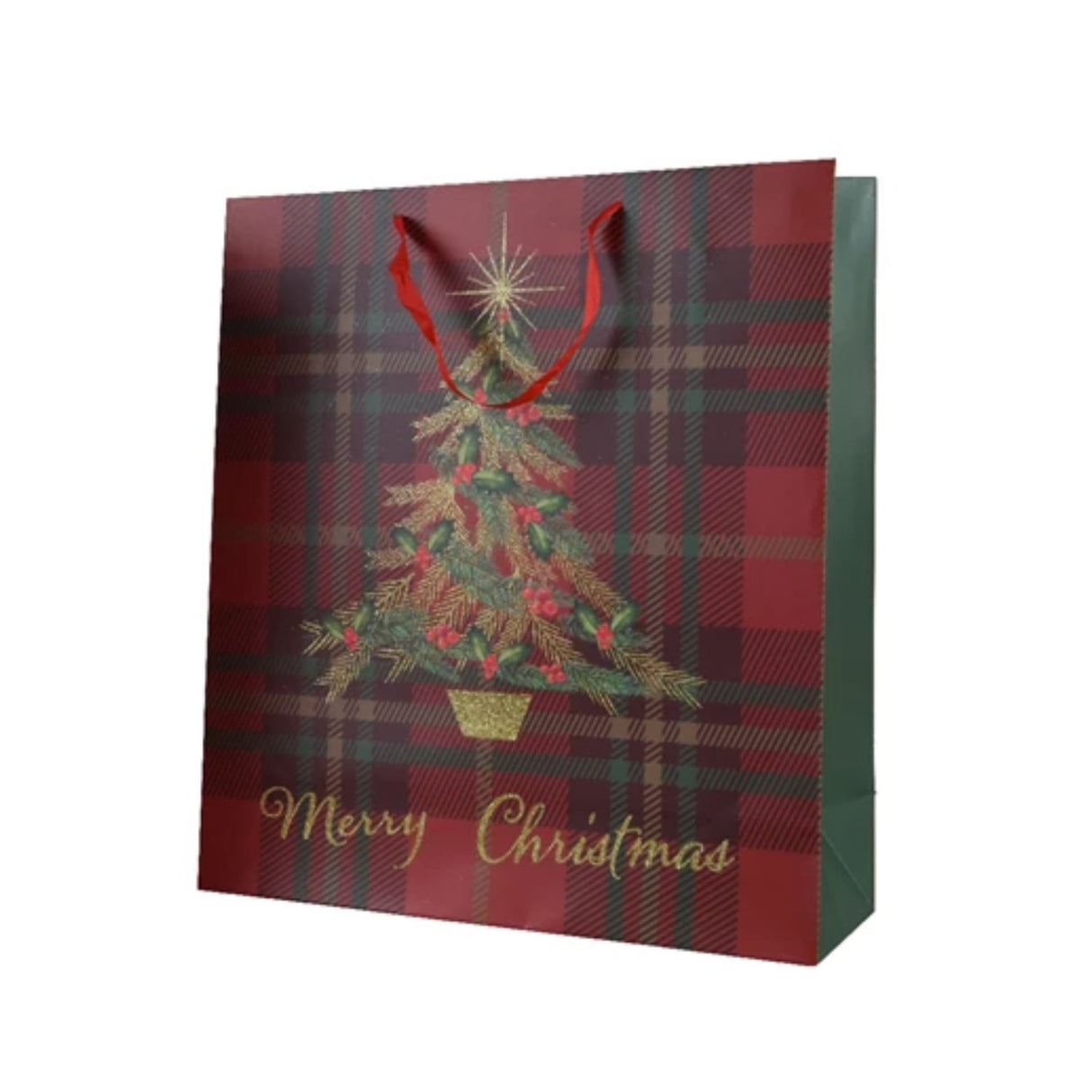 A 48cm red tartan paper gift bag with a Christmas tree and 'Merry Christmas' text design, with red ribbon handles.
