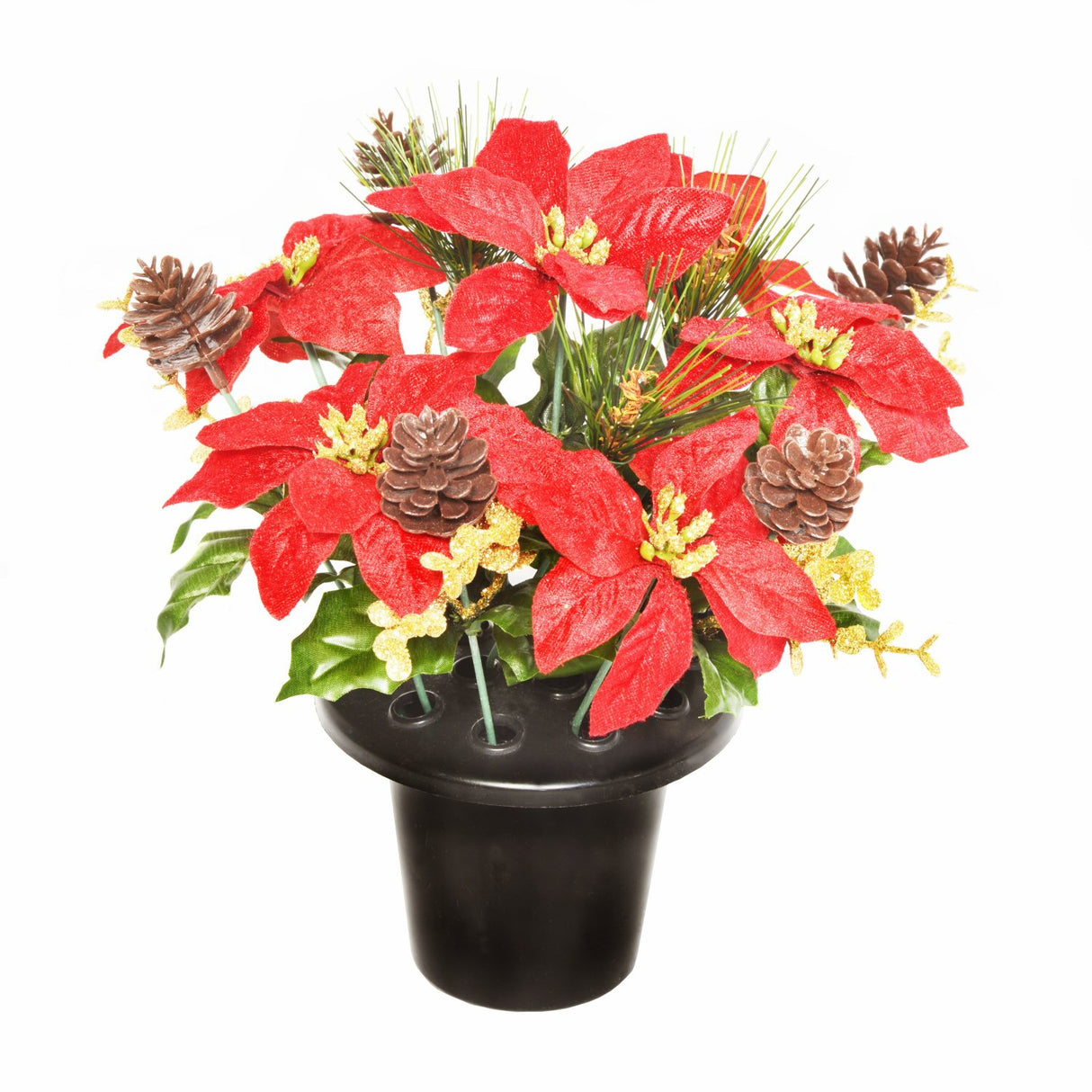 Sincere Floral 25cm Red Artificial Velvet Glitter Poinsettia Grave Pot