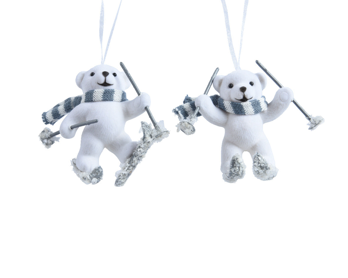 Decoris 10cm Bears on Skis Hanging Decoration - White - (Choice of 2)