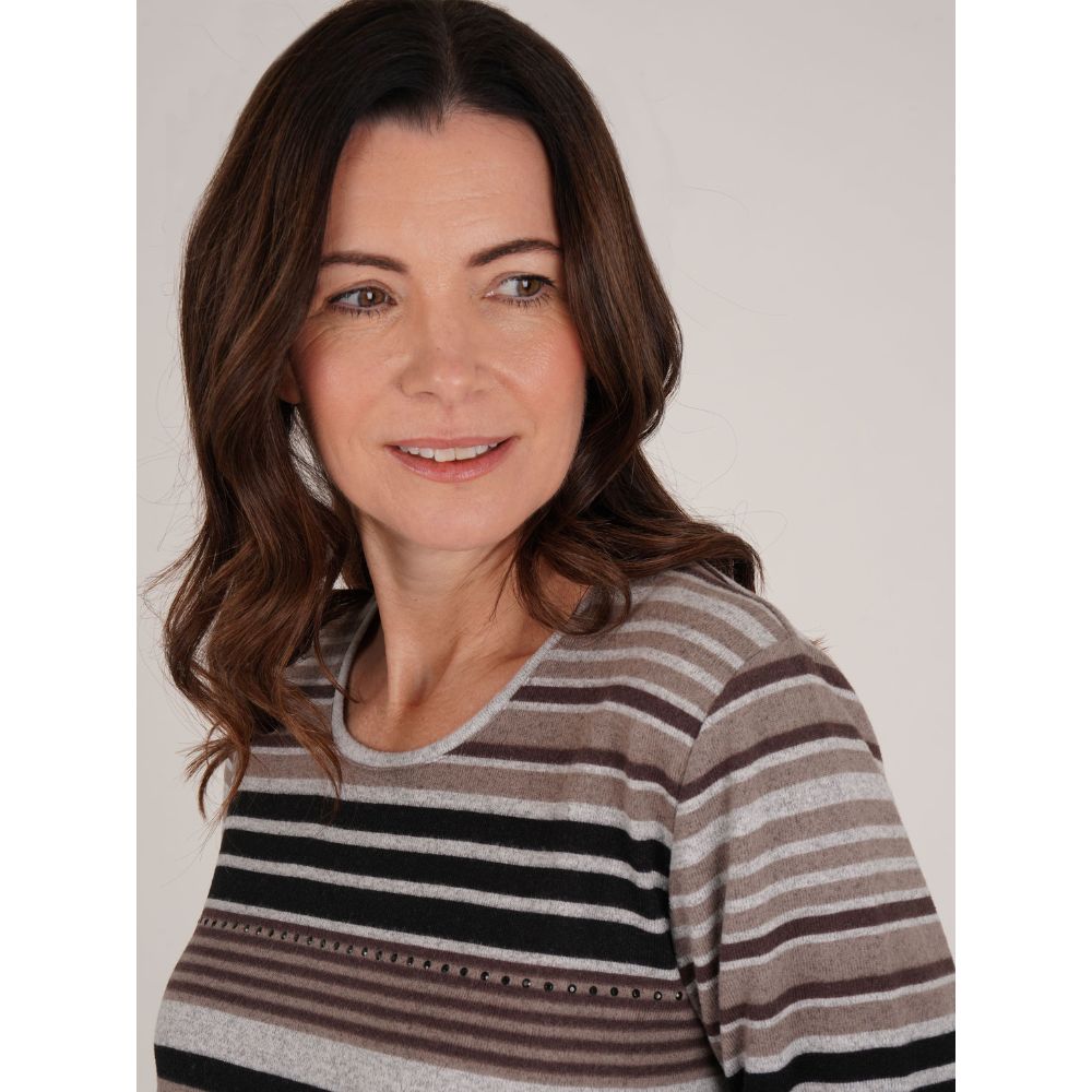 Tigi Stripe & Diamantes Crew Neck Top - Brown