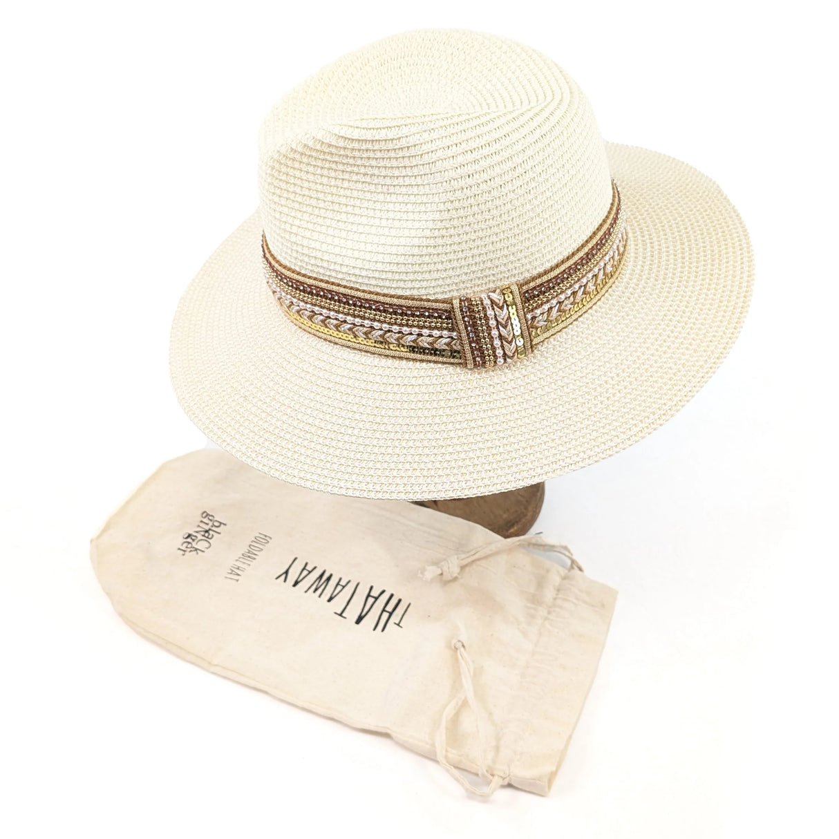 Black Ginger 57cm Natural Jewel Band Panama Foldable Hat