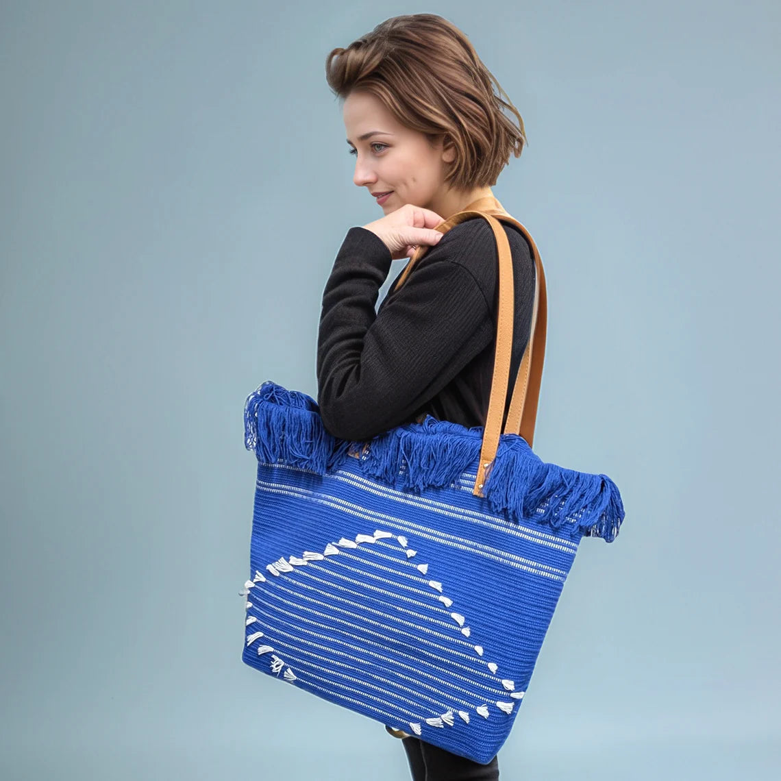 Black Ginger 45cm Blue Large Tasseled Tote Bag