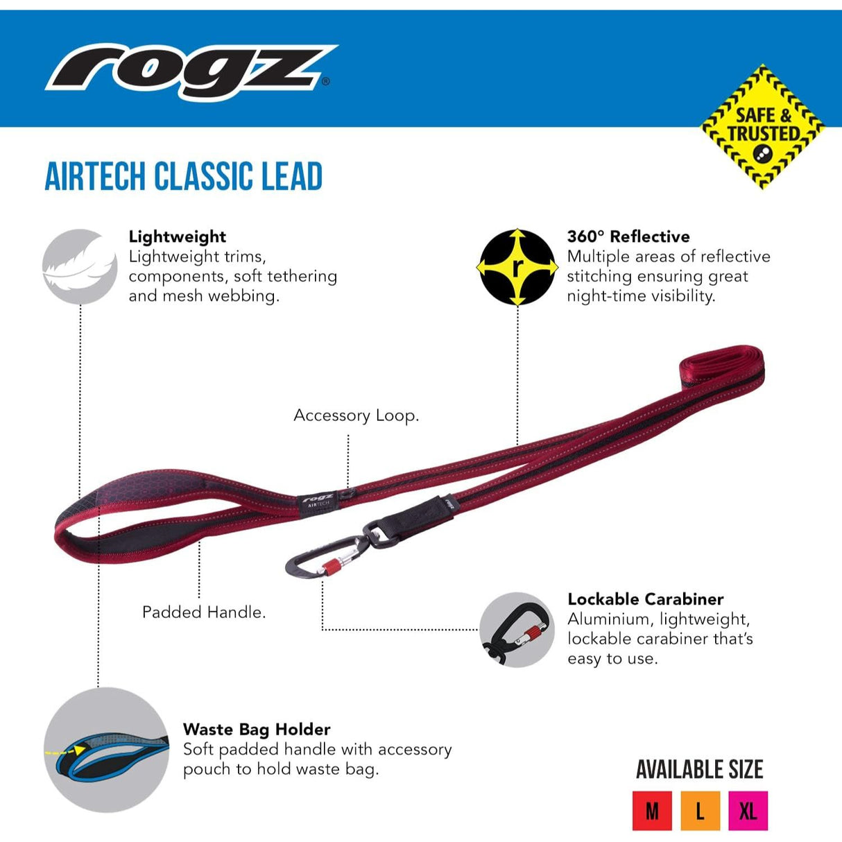 Rogz 1.5m Airtech Classic Lead Rock Red Dog Lead - Large